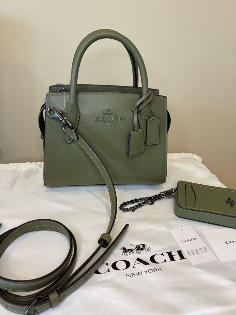Coach Andrea Carryall with Coach Pebbled Leather Zip Card Case in Military Green
